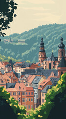 Fototapeta premium Illustration, Cityscape of Heidelberg in Germany, touristic advertisement poster. Promotional touristic poster. Beautiful city in Germany. Must-see tourist travel destination.