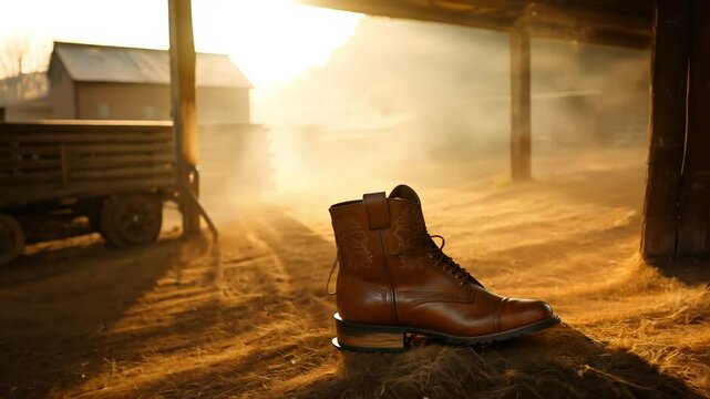 Natural light video with a golden hour glow captures tan leather cowboy boots with embossed floral patterns in a rustic barn setting