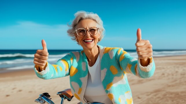 Elderly woman smiling and showing thumbs up and OK hand gesture