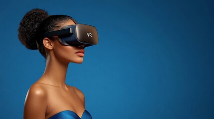 Fototapeta premium Elegant woman wearing futuristic VR goggles exploring immersive realities against a soft blue gradient background