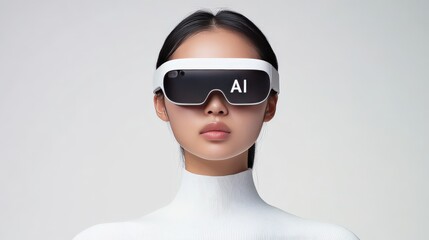 Modern woman with sleek black AI-powered glasses exuding elegance and innovation set against a minimalist backdrop emphasizing futuristic technology