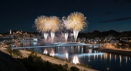 Fireworks burst in vibrant colors above a fjord, casting reflections over the lake on a beautiful summer evening.