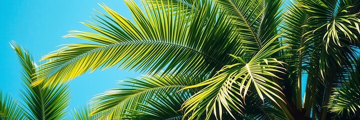 Obraz premium Close-up of vibrant green tropical palm leaves against a blue sky background, botanical, green