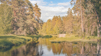Serene forest scene with a river running through it