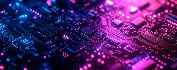 Obraz premium Close-up of a circuit board with glowing pink and blue chips, symbolizing the technological advancements driving AI's impact on various industries.