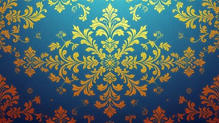 Elegant and intricate damask seamless pattern with floral motifs in shades of gold and blue, ornament, intricate, damask