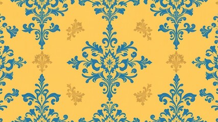 Elegant seamless damask wallpaper with intricate floral motifs in shades of gold and blue, gold, blue, floral