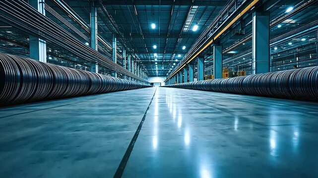 The vastness of an industrial facility is emphasized by the orderly rows of steel wire rods, their metallic sheen glowing under natural light.