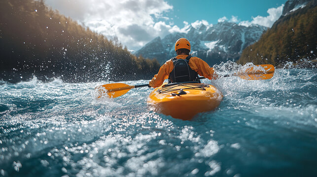 kayaker navigating a rushing mountain river, water splashing vividly under the brilliant midday sun