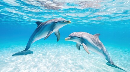 Obraz premium Two dolphins swimming in clear ocean water.