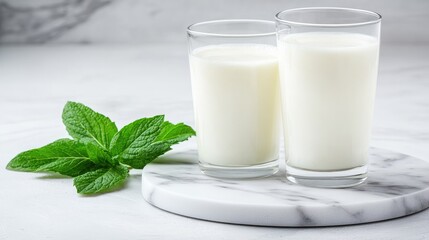 Fresh milk is beautifully presented in clear glasses, complemented by mint leaves on a marble platter, inviting a sense of natural simplicity