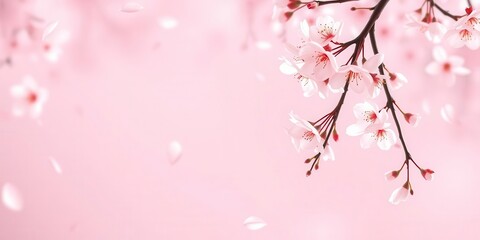 Obraz premium Pink sakura petals falling on a soft blurred background, serene, peaceful, soft