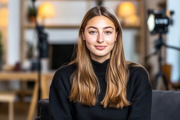 Obraz premium Casual lifestyle portrait of a professional woman in a bright workspace with modern equipment natural lighting and a professional yet approachable demeanor in an editorial setting