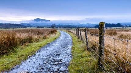 Scenic rural path winding through grassy field, fence alongside, misty mountains in background.