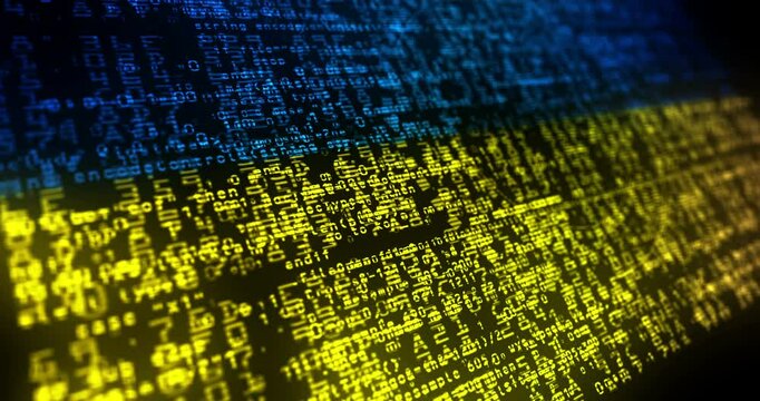 Ukraine USA flag waving secure code. Ukrainian blowing banner cyber security attack and hack concept animation.