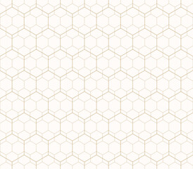 Golden minimalist geometric seamless pattern. Subtle vector linear texture with hexagon grid, delicate minimal lattice, net, diamonds. Gold and white outline abstract background. Repeated geo design