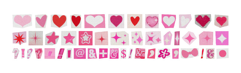 Set of cut out hearts, stars and special characters in barbiecore style, pink elements from magazines on white background