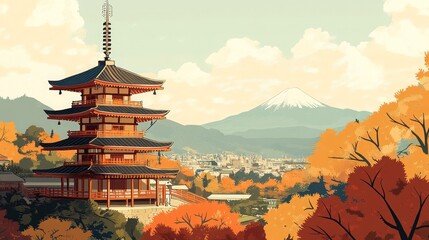 Obraz premium JAPAN poster illustration with local scenery in the autumn season, perfect for home decor, gifts or wall art. Print on canvas, paper or poster
