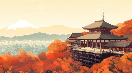 Obraz premium JAPAN poster illustration with local scenery in the autumn season, perfect for home decor, gifts or wall art. Print on canvas, paper or poster