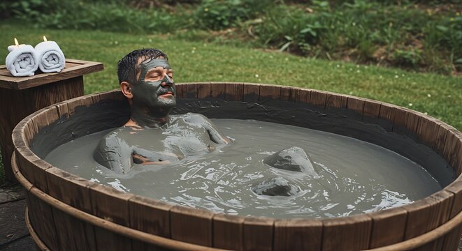 Relaxing man in a wooden mud bath spa.  Natural wellness therapy.