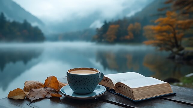 Coffee, book, and autumn leaves by a tranquil lake.