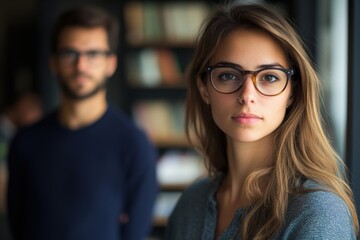 Young Businesswoman and Businessman Standing Back to Back in Office Library