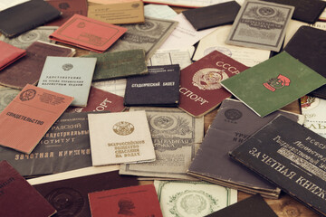 Different personal special documents and certificates of soviet man in USSR 1940-1980s
