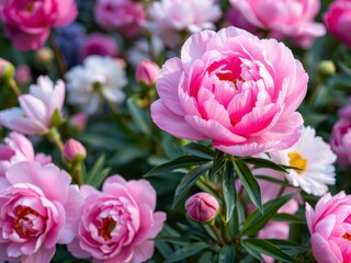 Pink peony flowers in full bloom creating a soft and elegant background, spring, romantic, nature