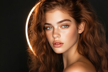 Fototapeta premium Glamorous young woman with soft curls and glowing complexion posing under a halo light in a dark studio setting radiating elegance and modern sophistication