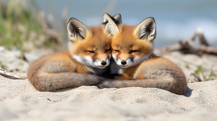 Fototapeta premium Wild baby red foxes cuddling on a beach in Nova Scotia, Canada.