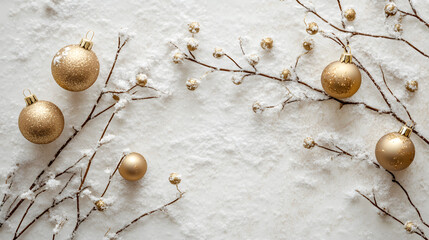 Golden ornaments elegantly placed on snow-covered branches symbolizing the joy and festivity of Christmas.