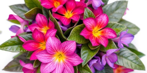 Vibrant purple flower petals and green leaves creating a striking contrast, nature, petals, leaves
