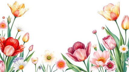 Fototapeta premium Vibrant watercolor illustration of various flowers including roses, daisies, and tulips on a white background, blooms, flora