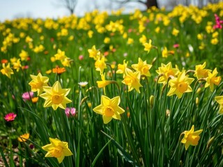 Vibrant yellow daffodil flowers blooming in a field under the sunlight, outdoors, daffodils