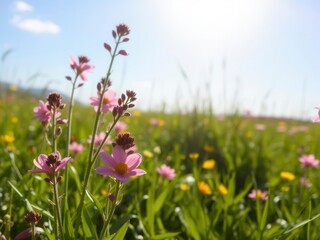 Vibrant yellow daffodil flowers blooming in a lush green field under a clear blue sky, plant, landscape, vibrant