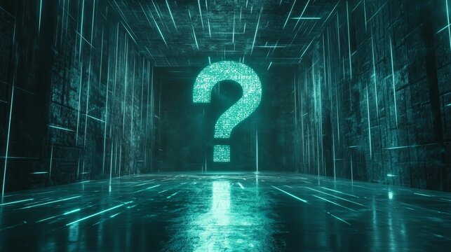 Glowing question mark in a dark, digital room.