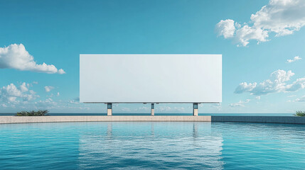 Large wide horizontal white blank billboard sign for advertisements on the swimming pool edge, sky in the background. business poster commercial board outdoors, marketing frame mockup for promotion.