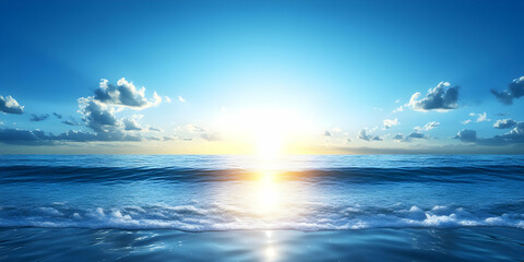 Ocean Waves Crashing Gently on Shore at Sunset with Golden Sunlight Reflecting on Water Surface.