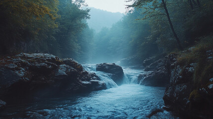 Misty mountain river flowing through rocky water landscape, foggy forest stream at sunrise, beautiful scenic morning nature view with trees and cliffs, tranquil outdoor adventure scenery.