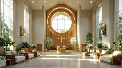 Fototapeta premium A serene interior of a modern church featuring natural light and decorative plants.