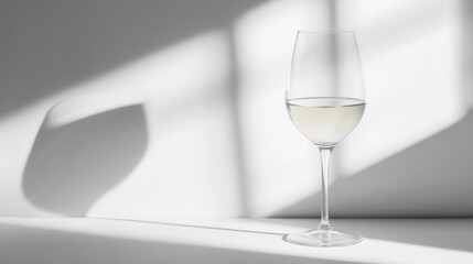 Elegant White Wine Glass with Reflections and Shadows Against a Minimalistic Background, Perfect for Culinary or Lifestyle Photography