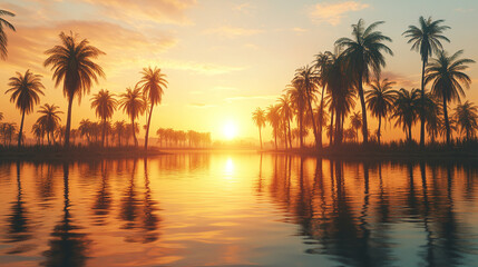 Oasis lagoon landscape bathed in sunlight, palm trees reflected in water, paradise scene with tranquility atmosphere, peaceful tropical nature view, horizon at sunset.