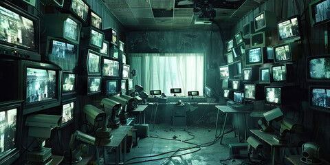Surveillance Room with CRT Monitors and Security Cameras