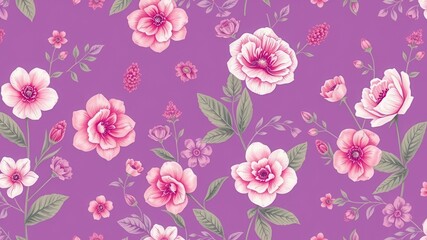 Seamless purple floral wallpaper with blooming flowers and delicate leaf details, botanical, texture, bloom