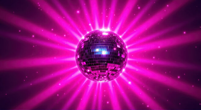 disco ball with bright pink rays of light in all directions creating a dazzling light pattern