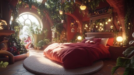 Obraz premium Sunlit bohemian bedroom with red bedding, plants, and arched window.
