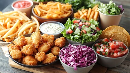 A variety of takeout items including golden fries crispy fried chicken fresh salads and tacos on a wooden table with paper napkins and drink cups