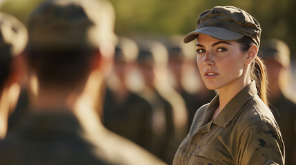 A female drill instructor in crisp uniform addressing soldiers in formation during a sunny day, epitomizing leadership, authority, and discipline in the military.