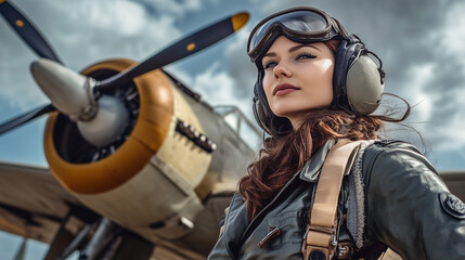 A female fighter pilot in vintage World War II attire confidently standing next to her aircraft, symbolizing bravery and aviation history.