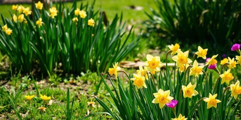 Fototapeta premium Vibrant daffodil flowers bloom in a vast field under the bright sun, landscape, bloom